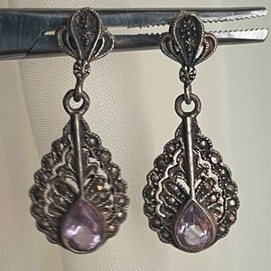 Vintage Signed 925 Silver Filagree Marcasite and Teardrop Amethyst Earrings